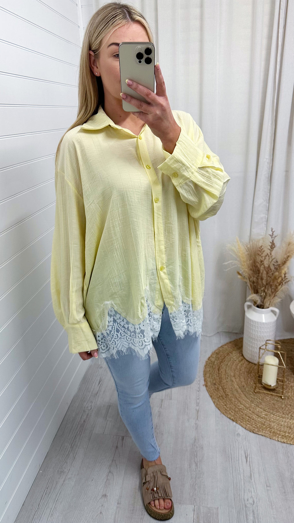Lace Hem Crinke Shirt - LEMON
