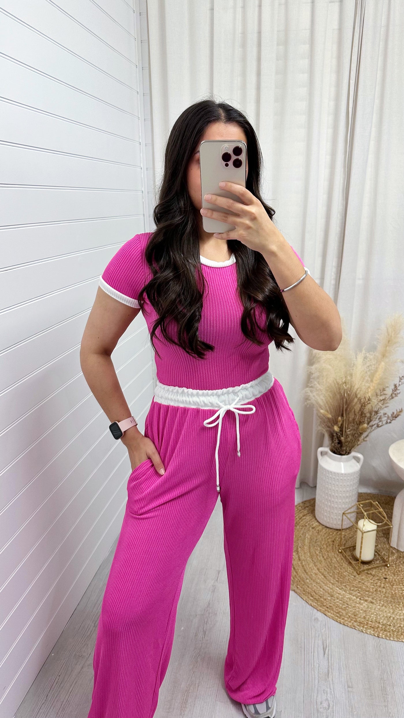 Ribbed Wide Leg Trousers and Crop Top Co-Ord - HOT PINK