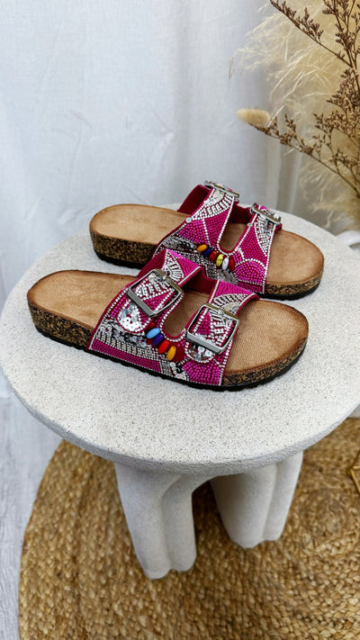 Boho Beaded Silver Buckle Sliders - PINK