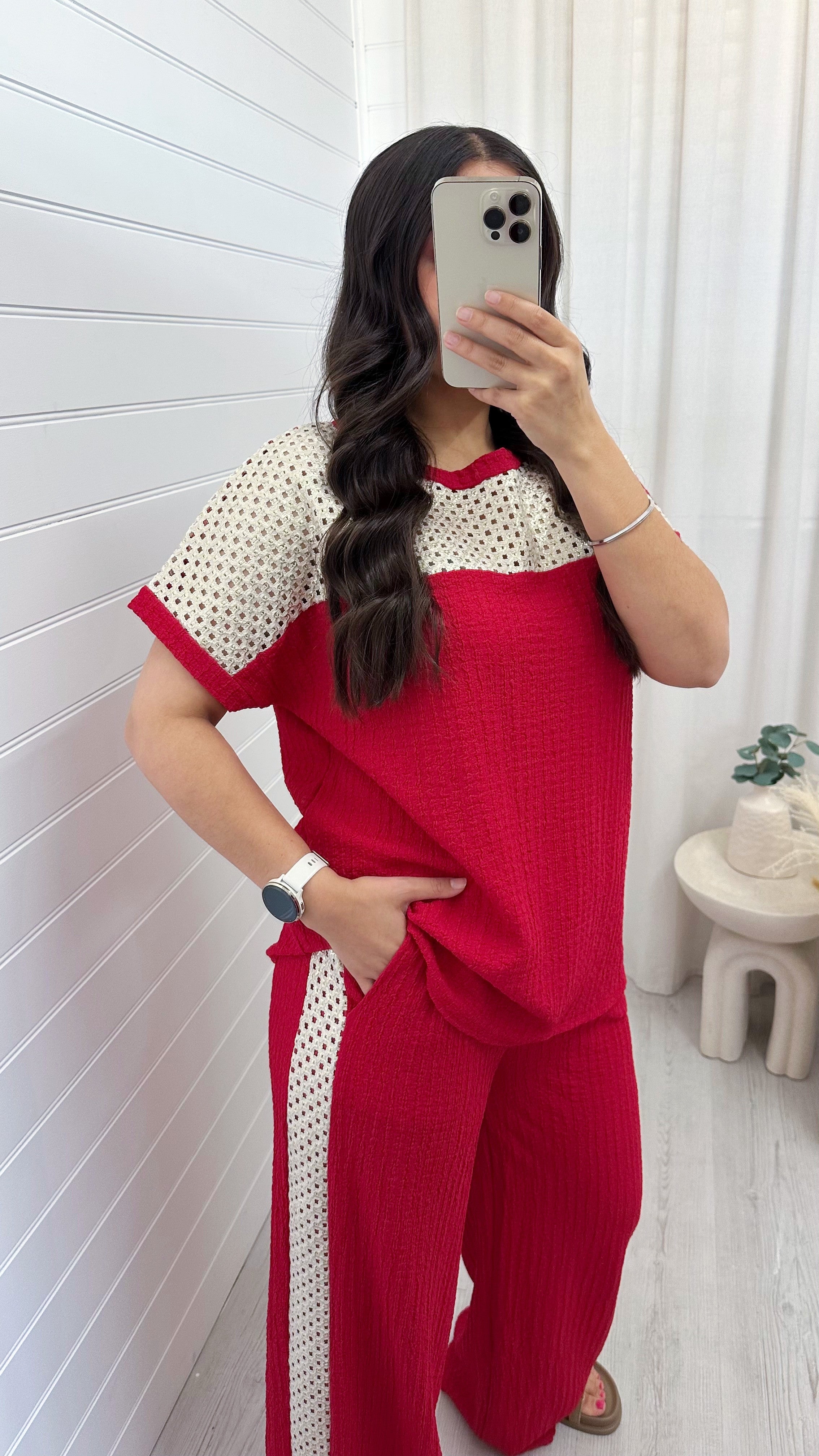 Metallic Mesh T-Shirt and Trouser Co-Ord - RED
