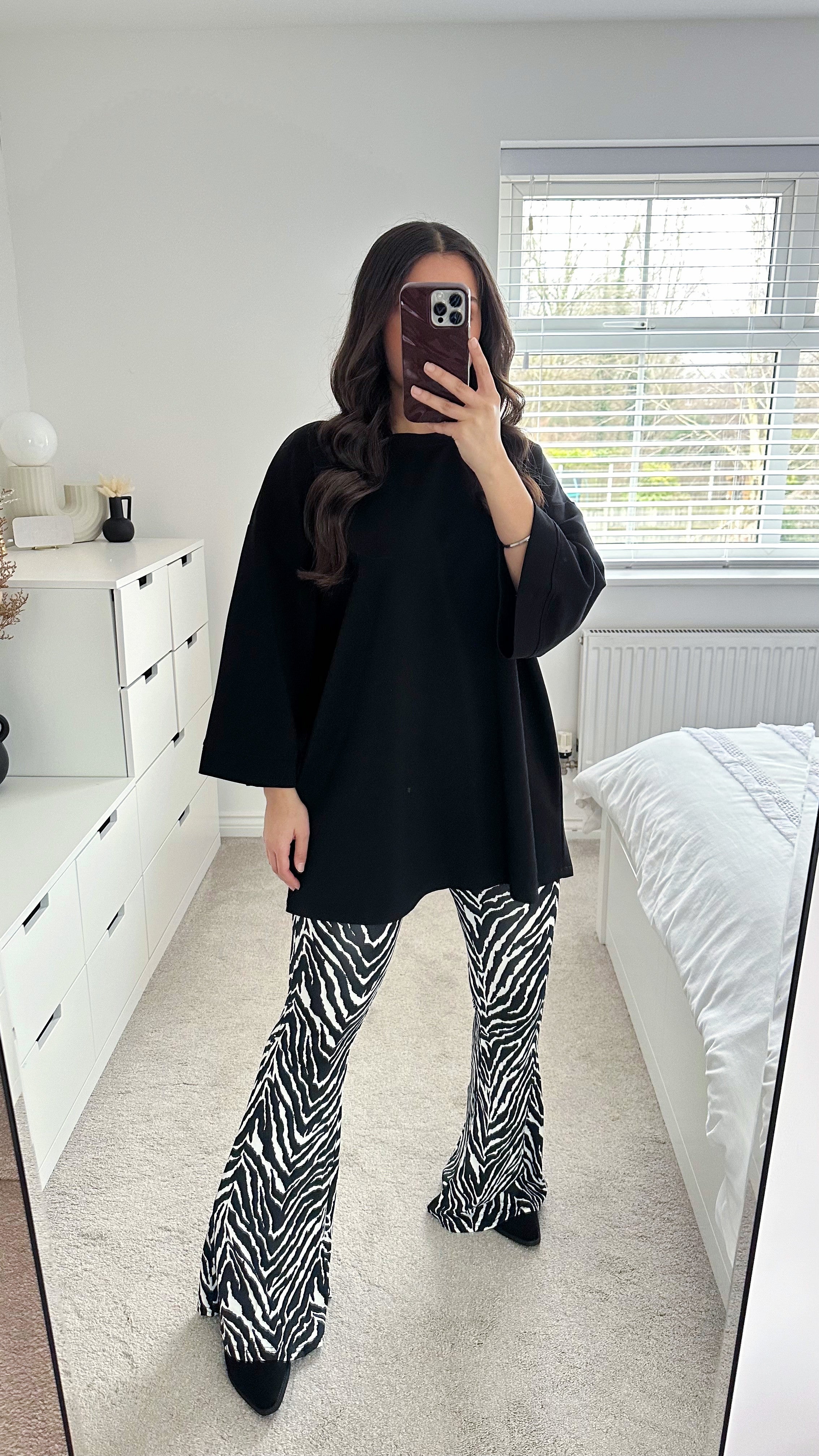Zebra Print High Waisted Slim Fit Flare Trousers - BLACK AND WHITE