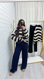 Stripey Knitted Jumper and Trousers Co-Ord - NAVY/BEIGE