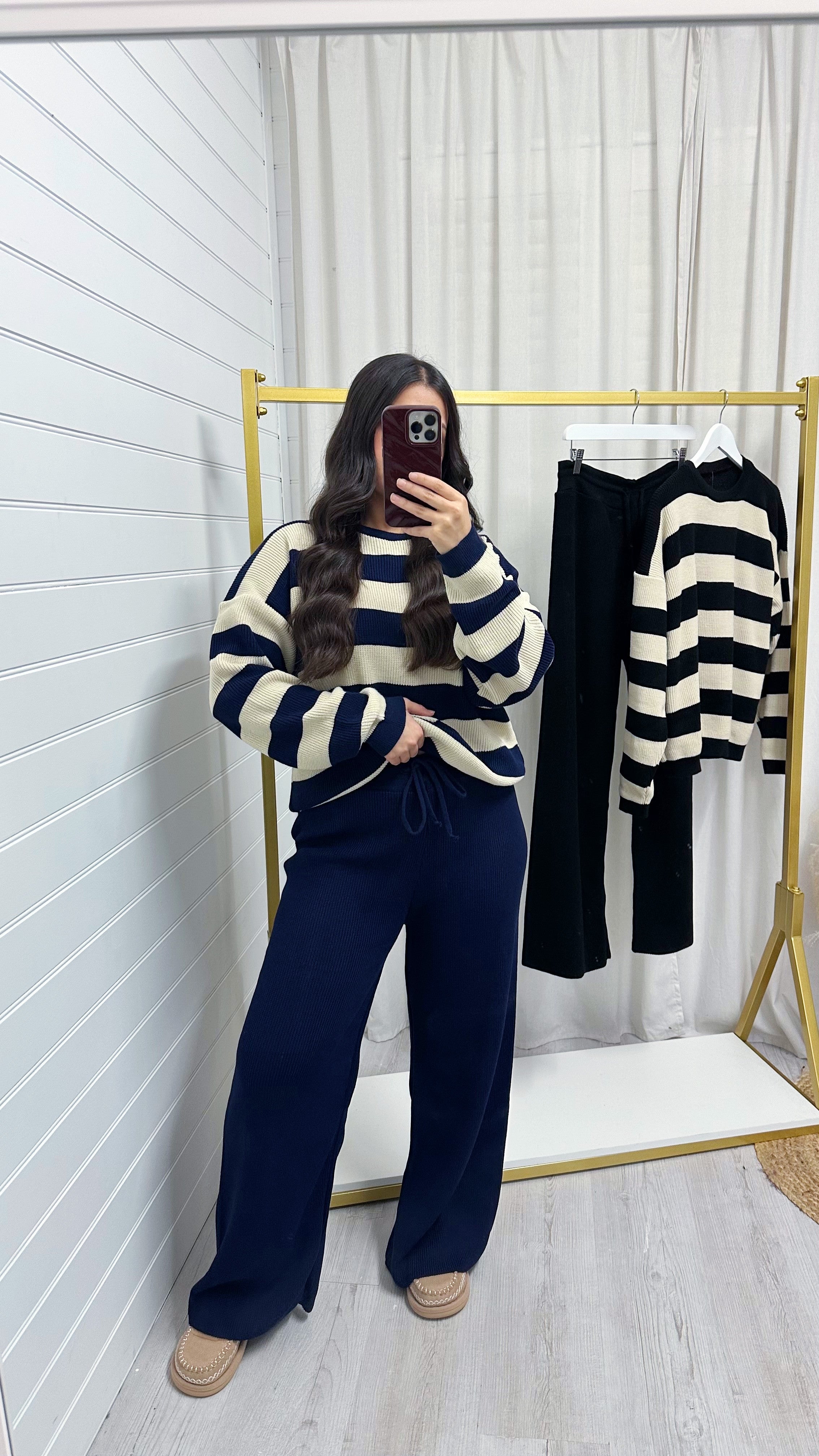 Stripey Knitted Jumper and Trousers Co-Ord - NAVY/BEIGE