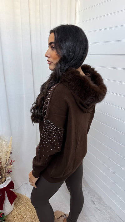 Diamante Fur Hood Knitted Jumper - BROWN