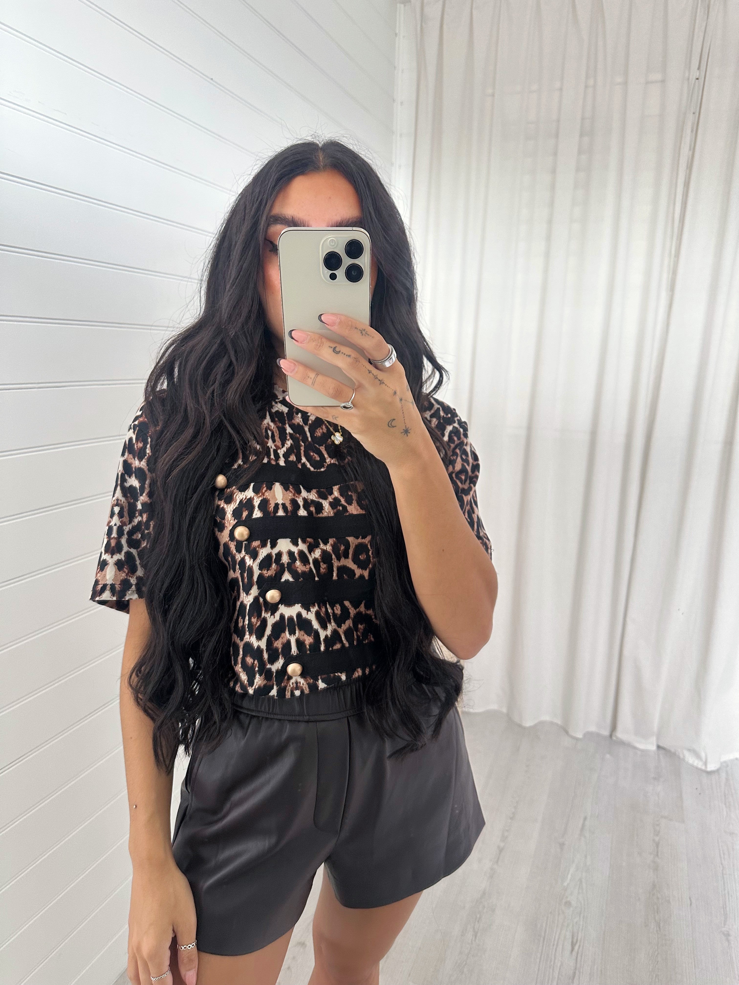Leopard Print Button Front T-Shirt - BROWN/BLACK