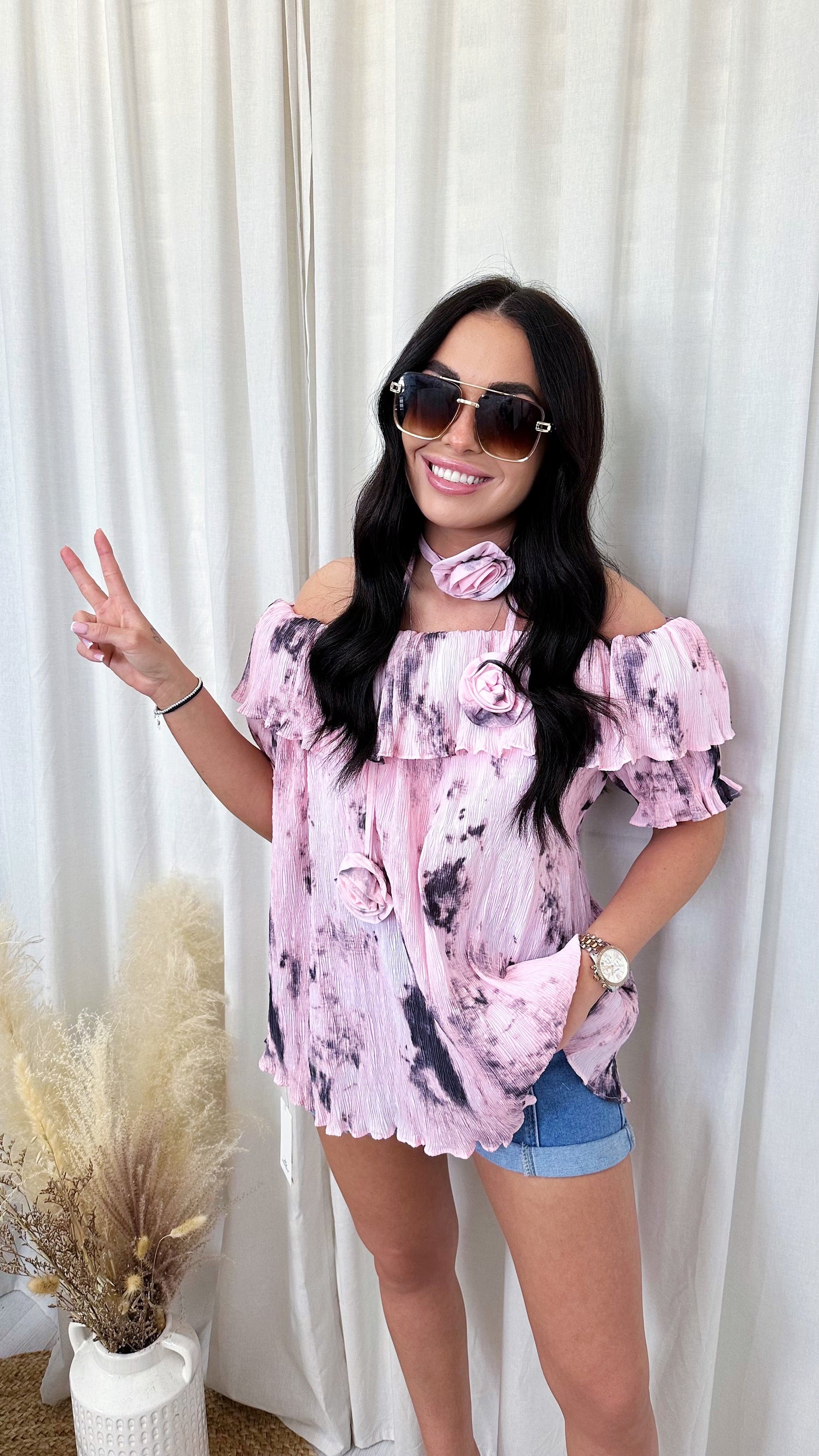Tie Dye Bardot Top with Corsage - PINK