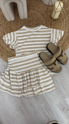 Frill Sleeve Top and Frill Ruched Skirt Co-Ord - BEIGE/WHITE