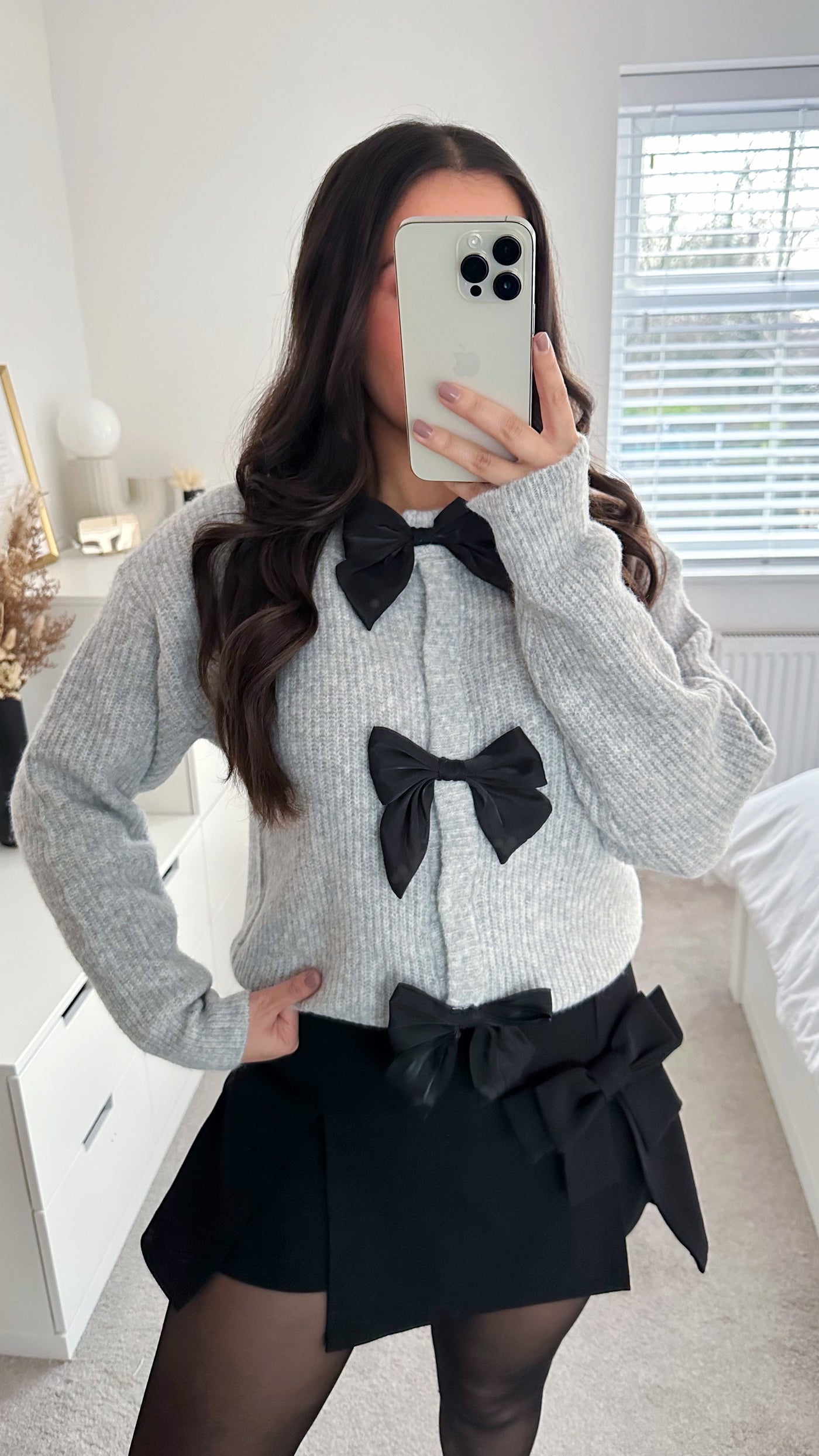 Woollen Mini Bow Cardigan - GREY