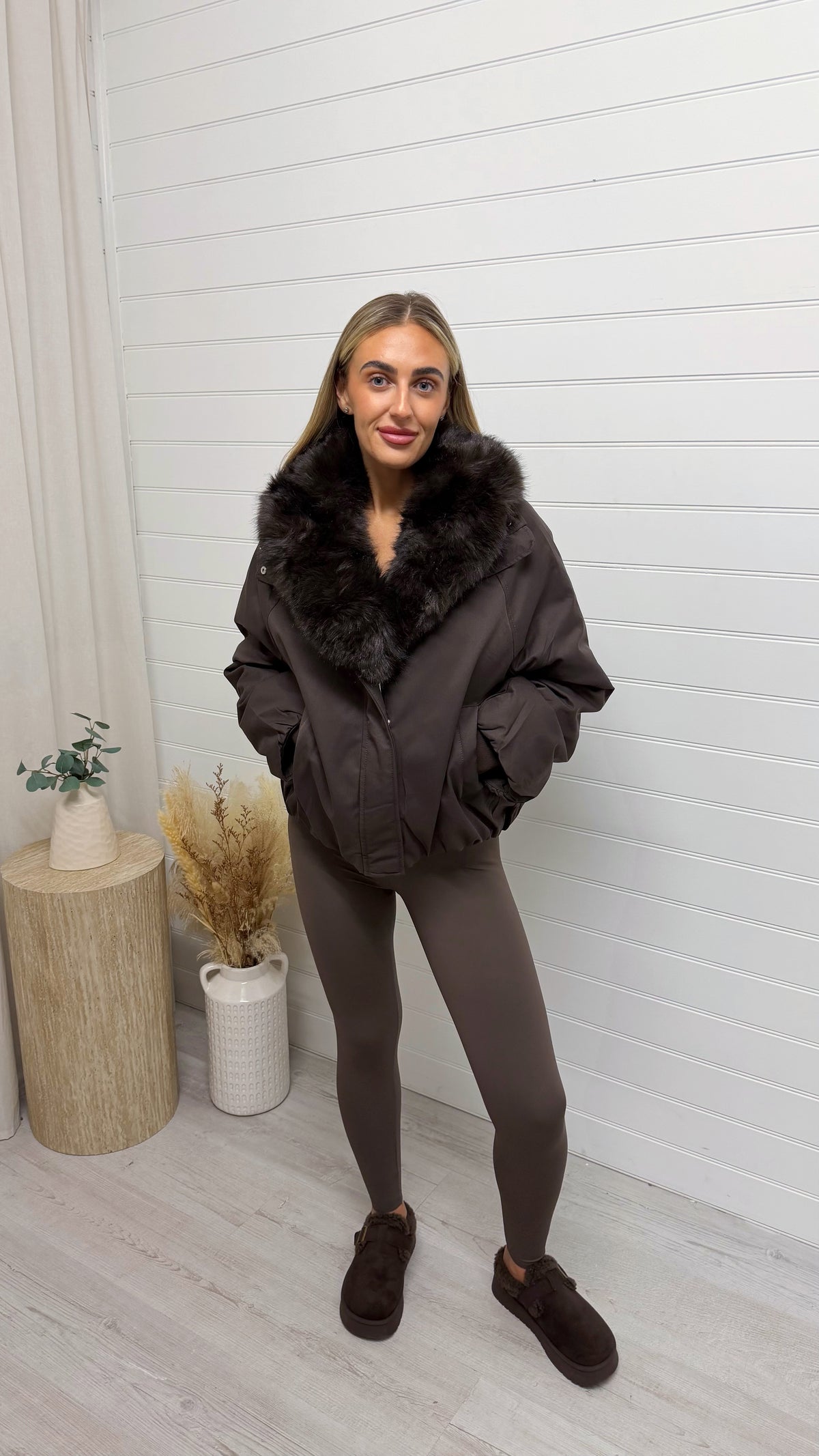 Faux Fur Collar Coat - BROWN