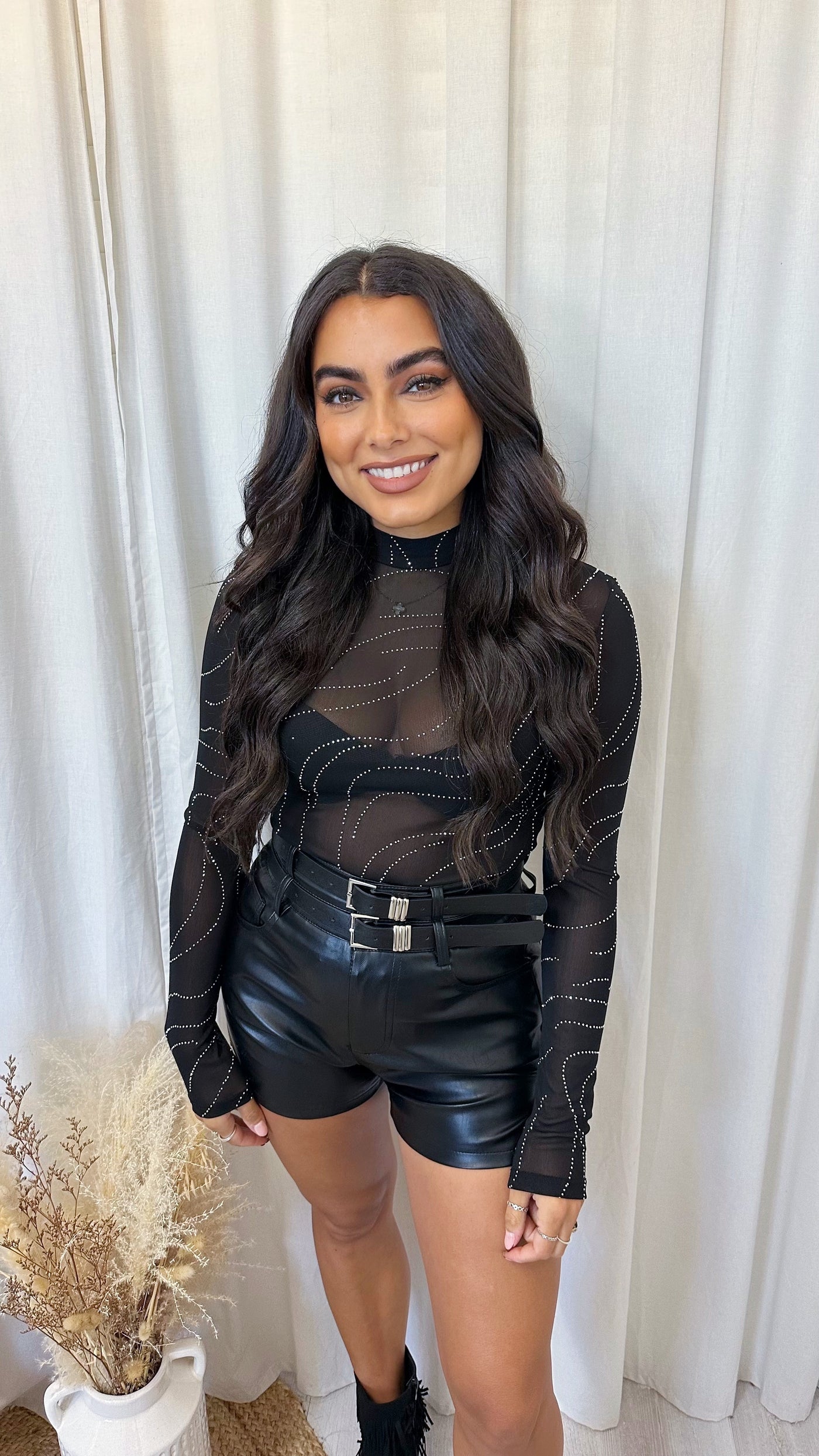 Swirly Rhinestone Mesh Long Sleeve Bodysuit - BLACK