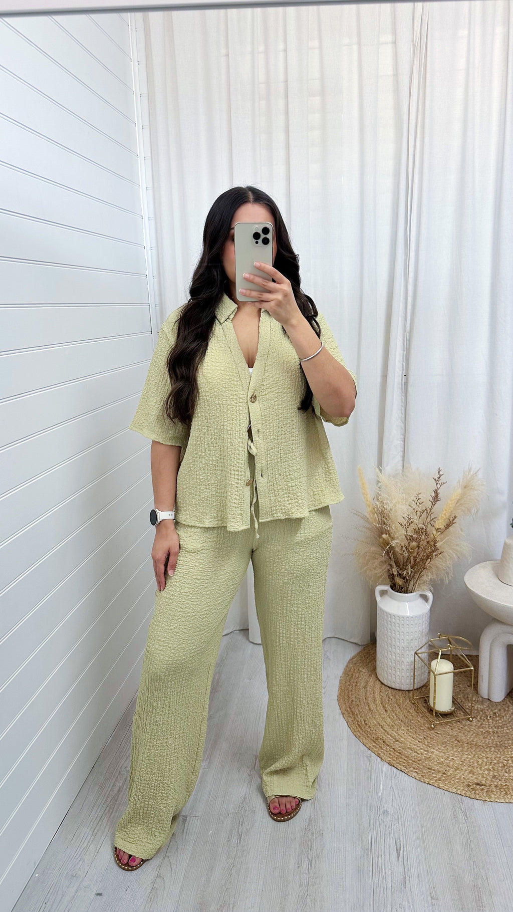 Cheesecloth Gold Button Shirt and Trousers Co-Ord - SAGE