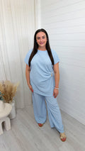 Gold Clasp Ruched Top and Wide Leg Trousers Co-Ord - BABY BLUE