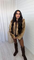Deer Print Faux Fur Hooded Jacket - CARAMEL