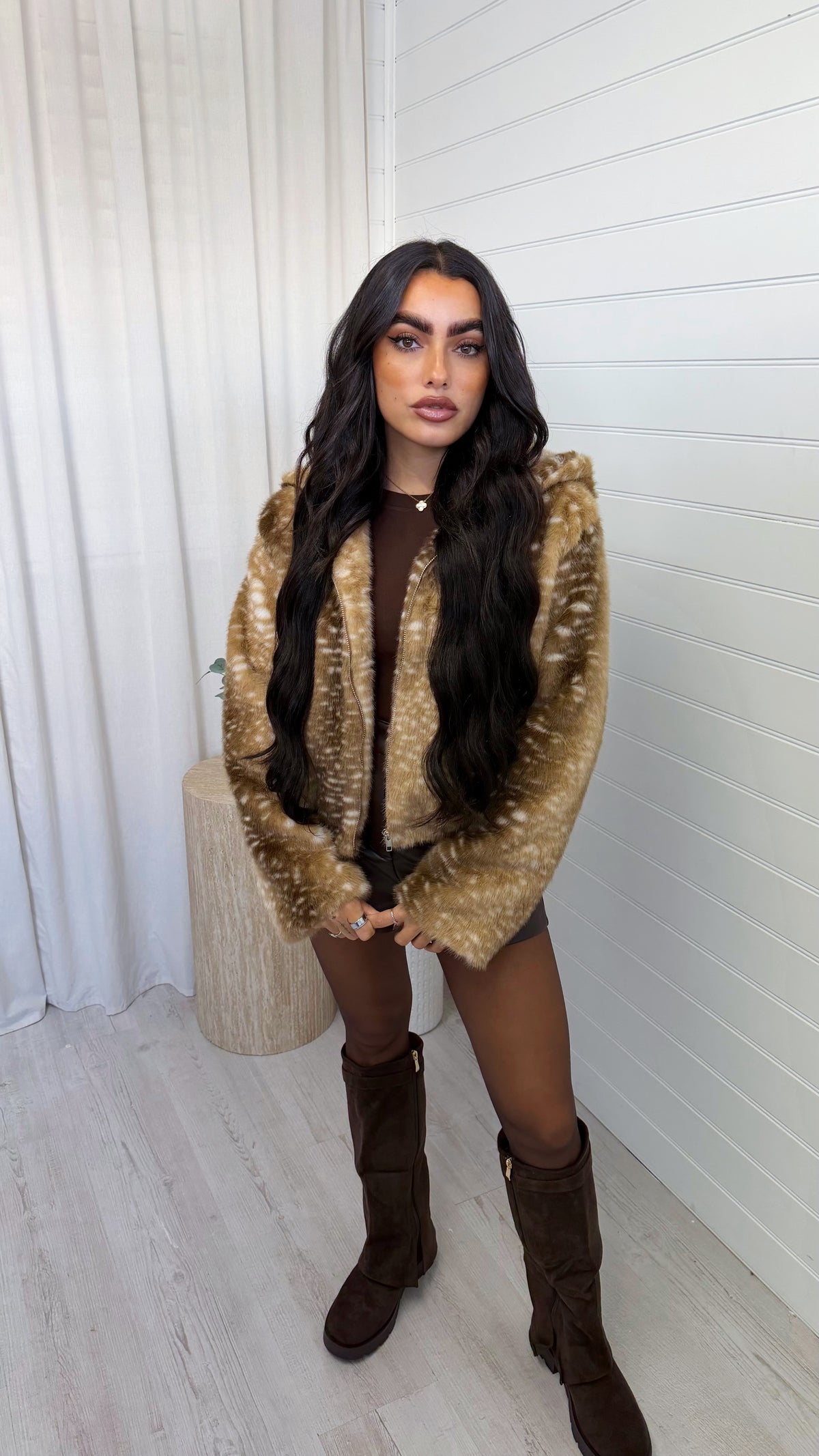 Deer Print Faux Fur Hooded Jacket - CARAMEL