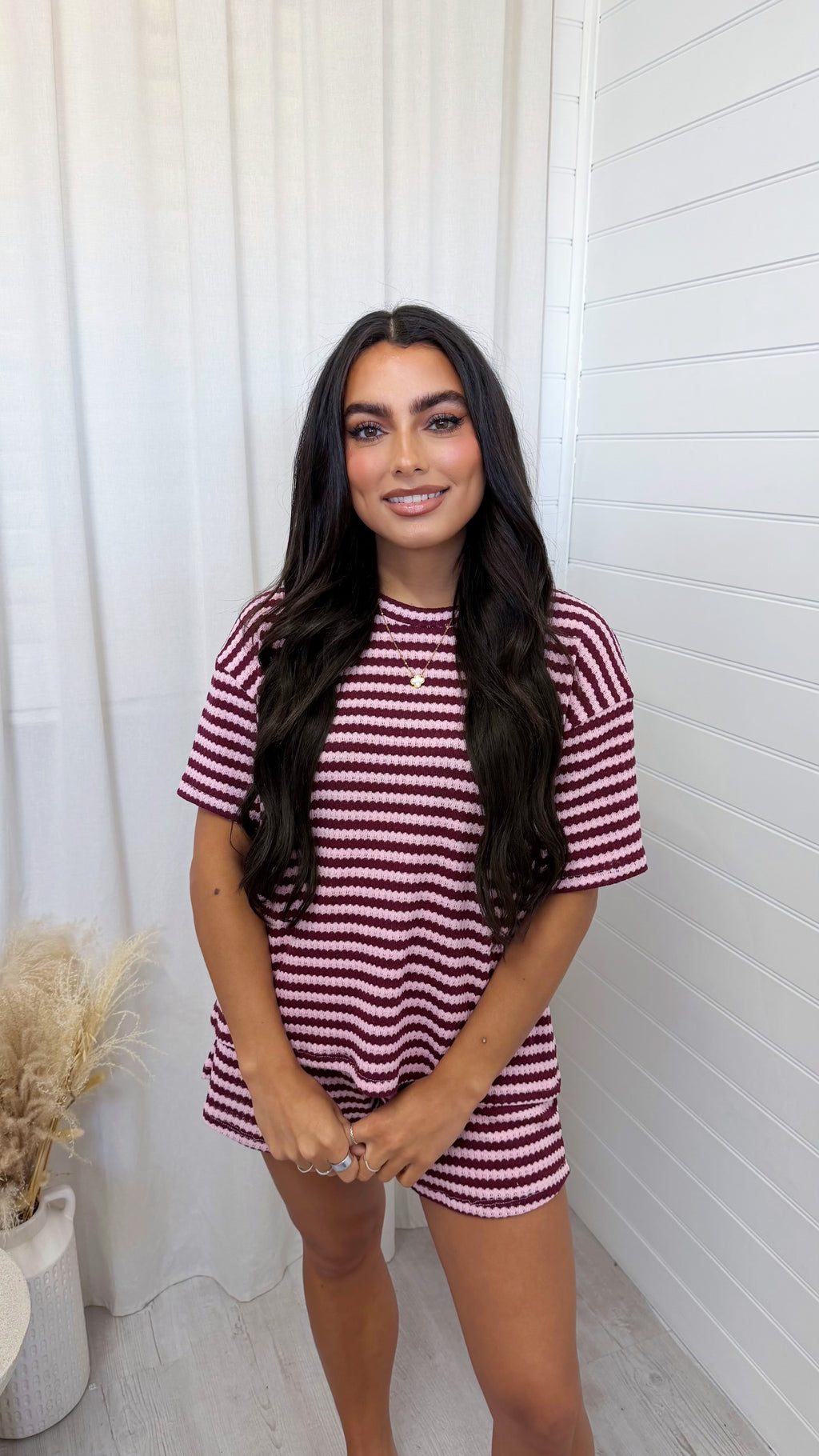 Stripey Knit T-Shirt and Shorts Co-Ord - BURGUNDY