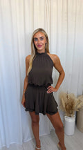 Halter Neck Frill Dress - BROWN