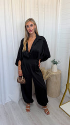 Satin Shirt and Cuffed Trousers Co-Ord - BLACK
