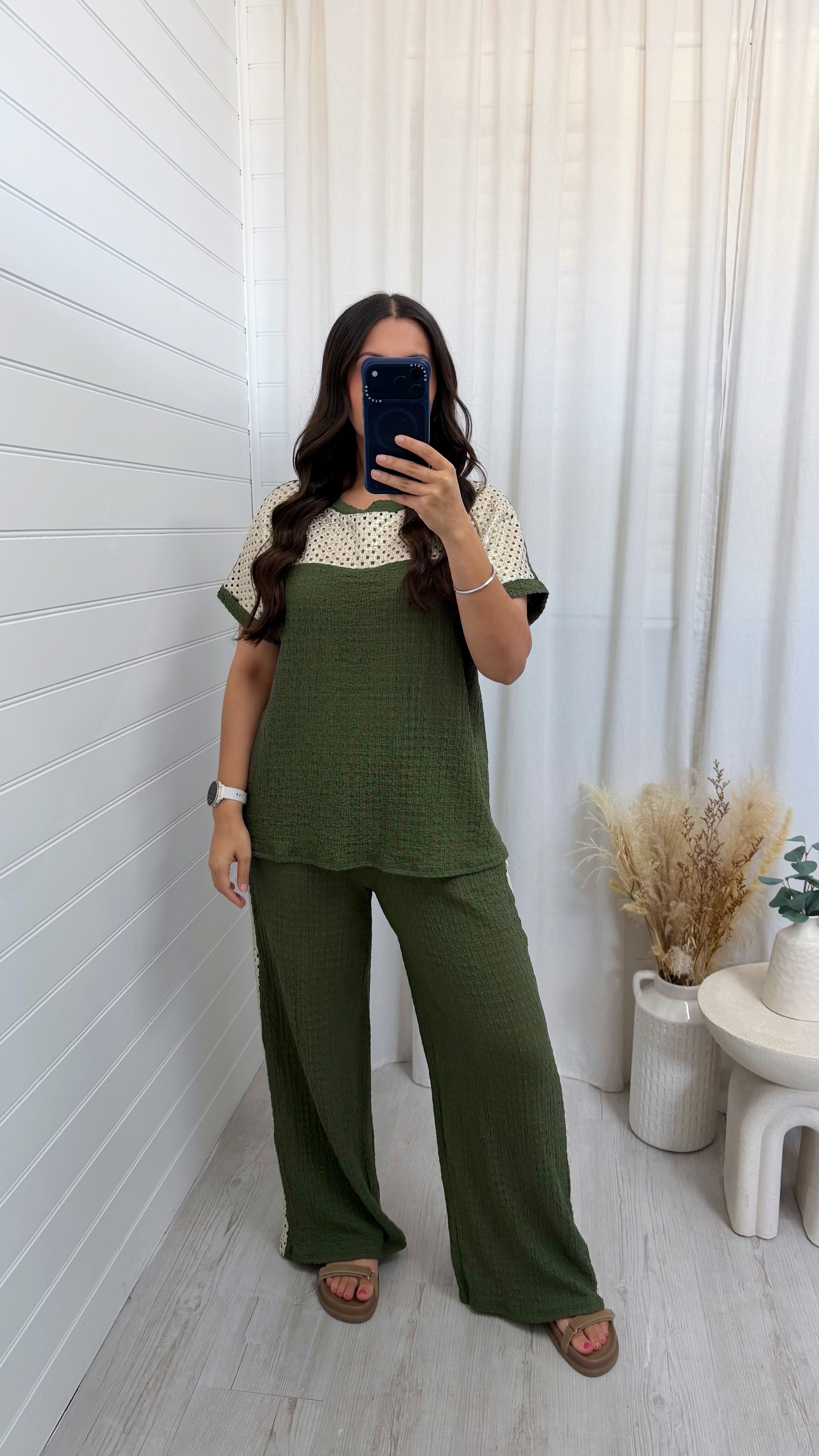 Metallic Mesh T-Shirt and Trouser Co-Ord - KHAKI