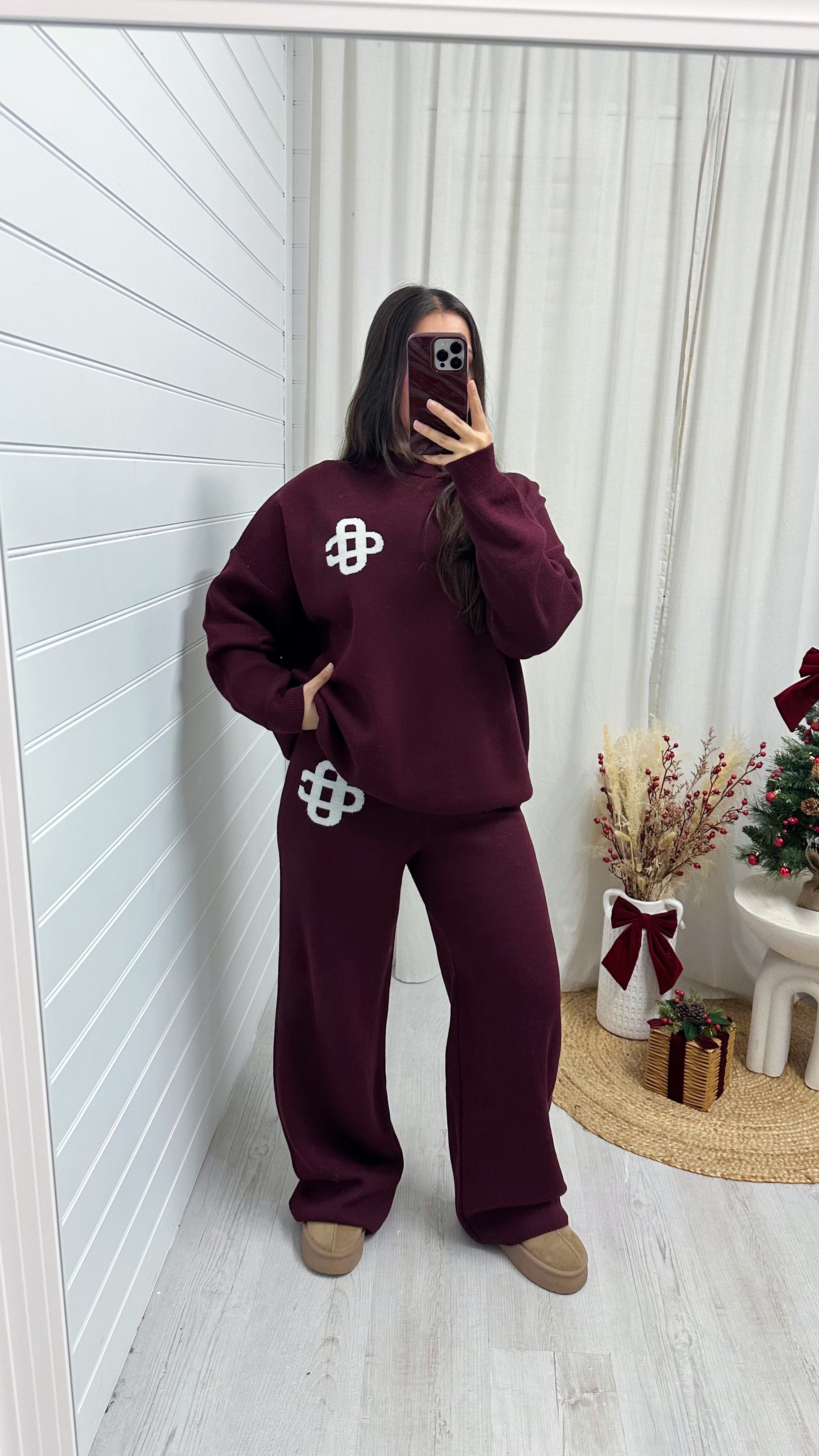 Knitted Logo Sweatshirt and Wide Leg Trousers Co-Ord - BURGUNDY