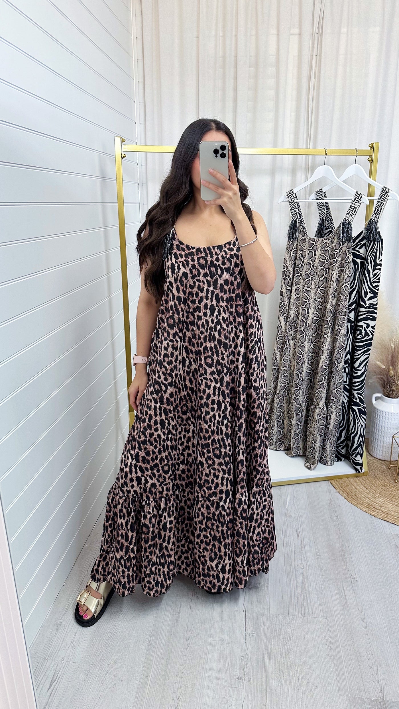 Leopard Print Tassel Sleeve Frill Hem Maxi Dress