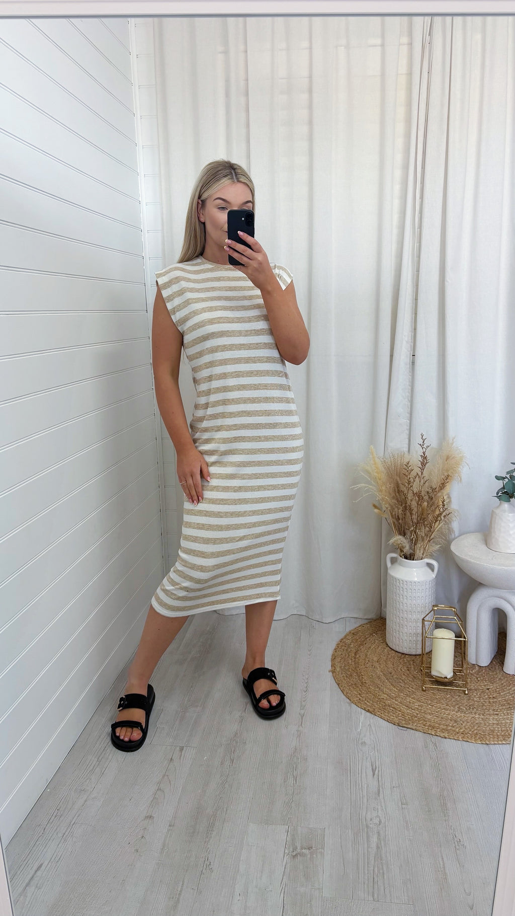 Soft Ribbed Sleeveless Midi Dress - BEIGE STRIPE
