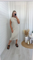 Soft Ribbed Sleeveless Midi Dress - BEIGE STRIPE