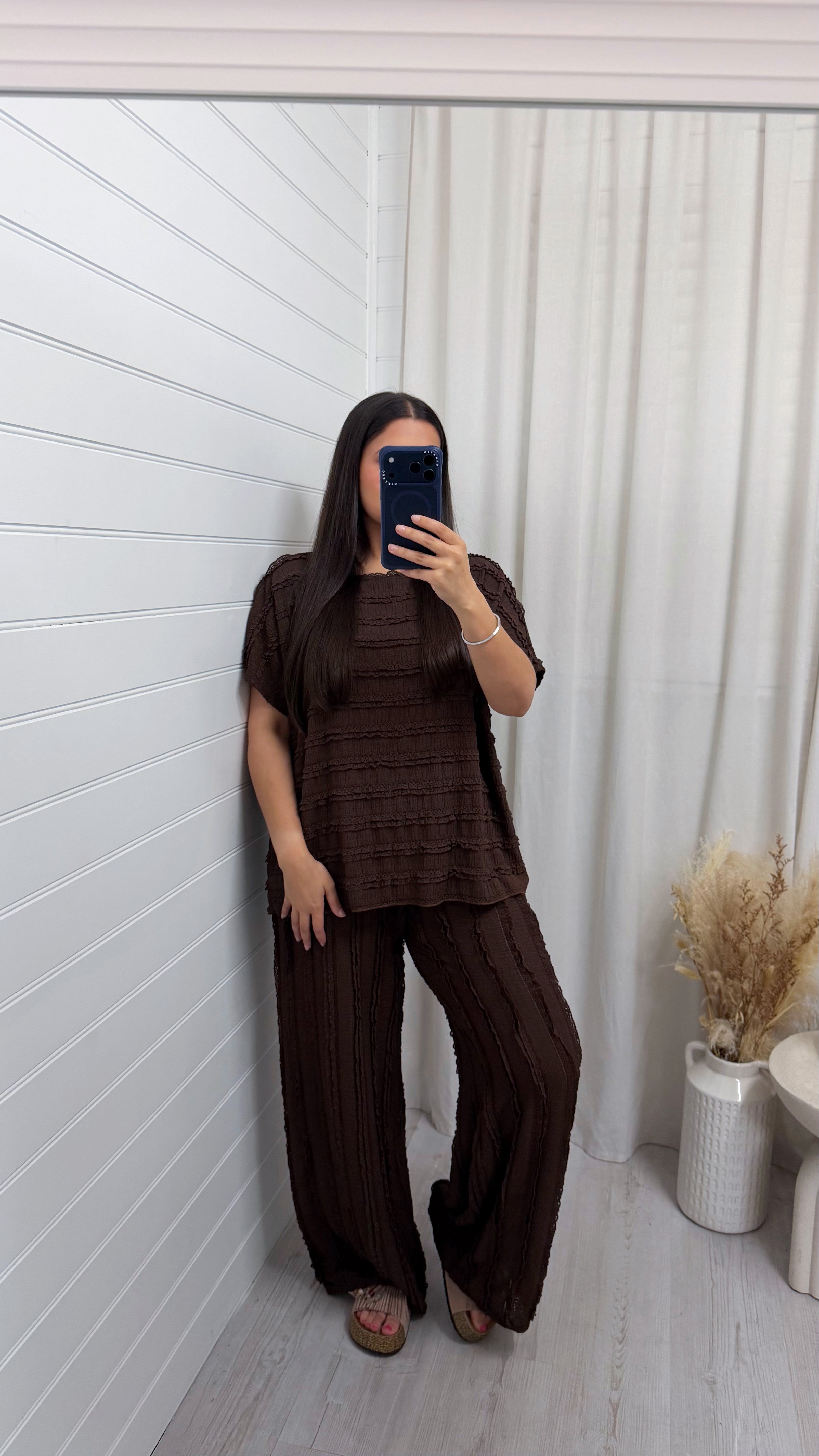 Frill Tiered T-Shirt and Wide Leg Trousers Co-Ord - BROWN