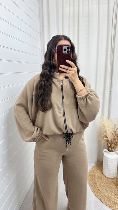 Shimmery Knitted  Bomber Jacket and Joggers Co-Ord - TAUPE