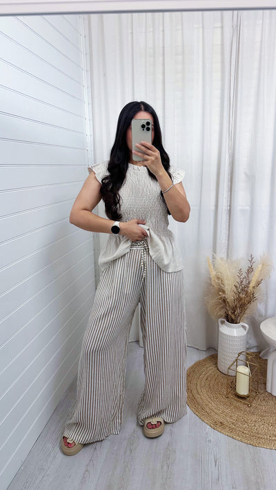 Pinstripe Linen Wide Leg Trousers - BEIGE