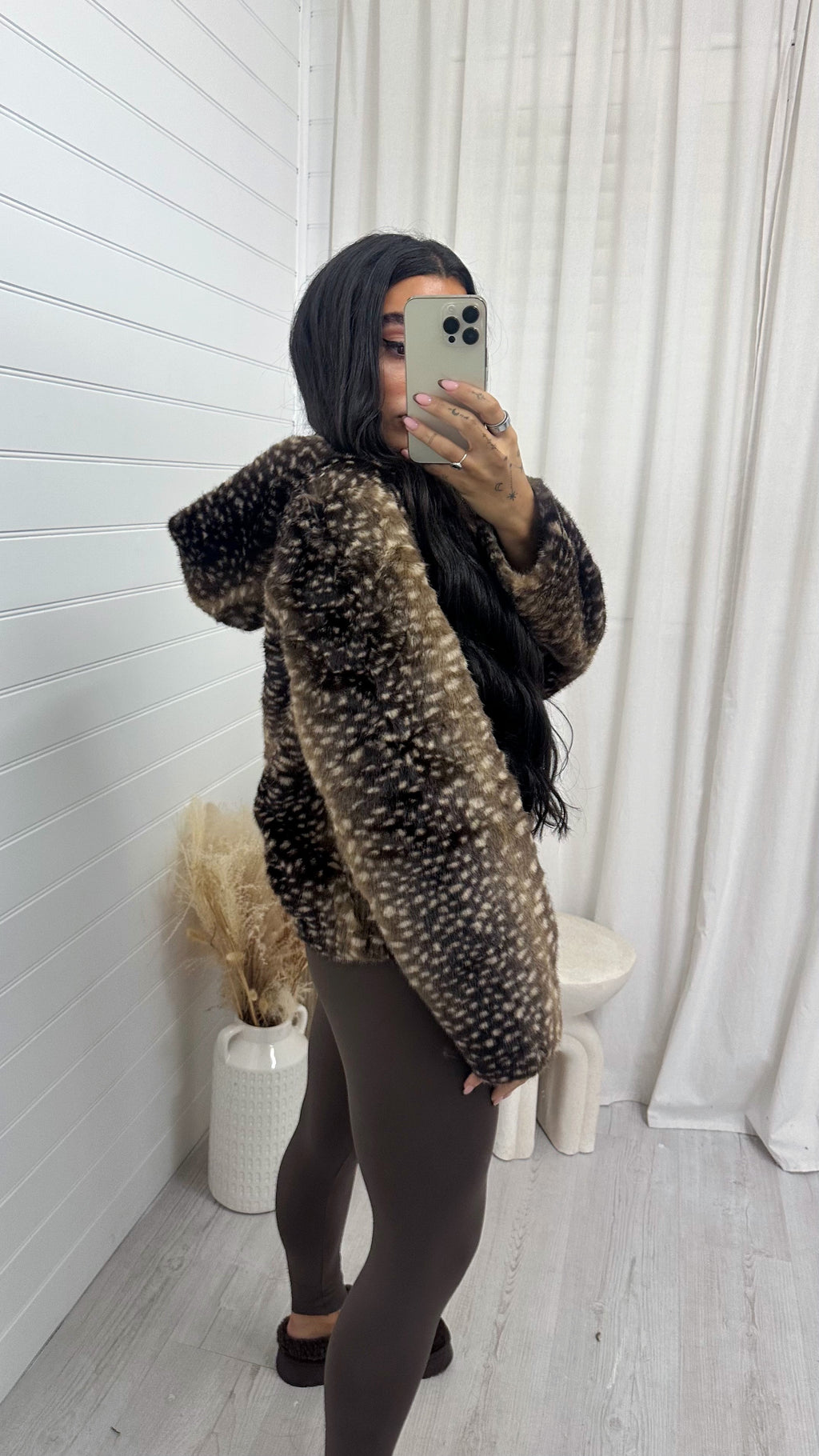 Deer Print Faux Fur Hooded Jacket