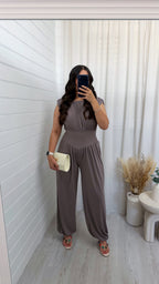 Cinch Waist Ruched Jumpsuit - MOCHA
