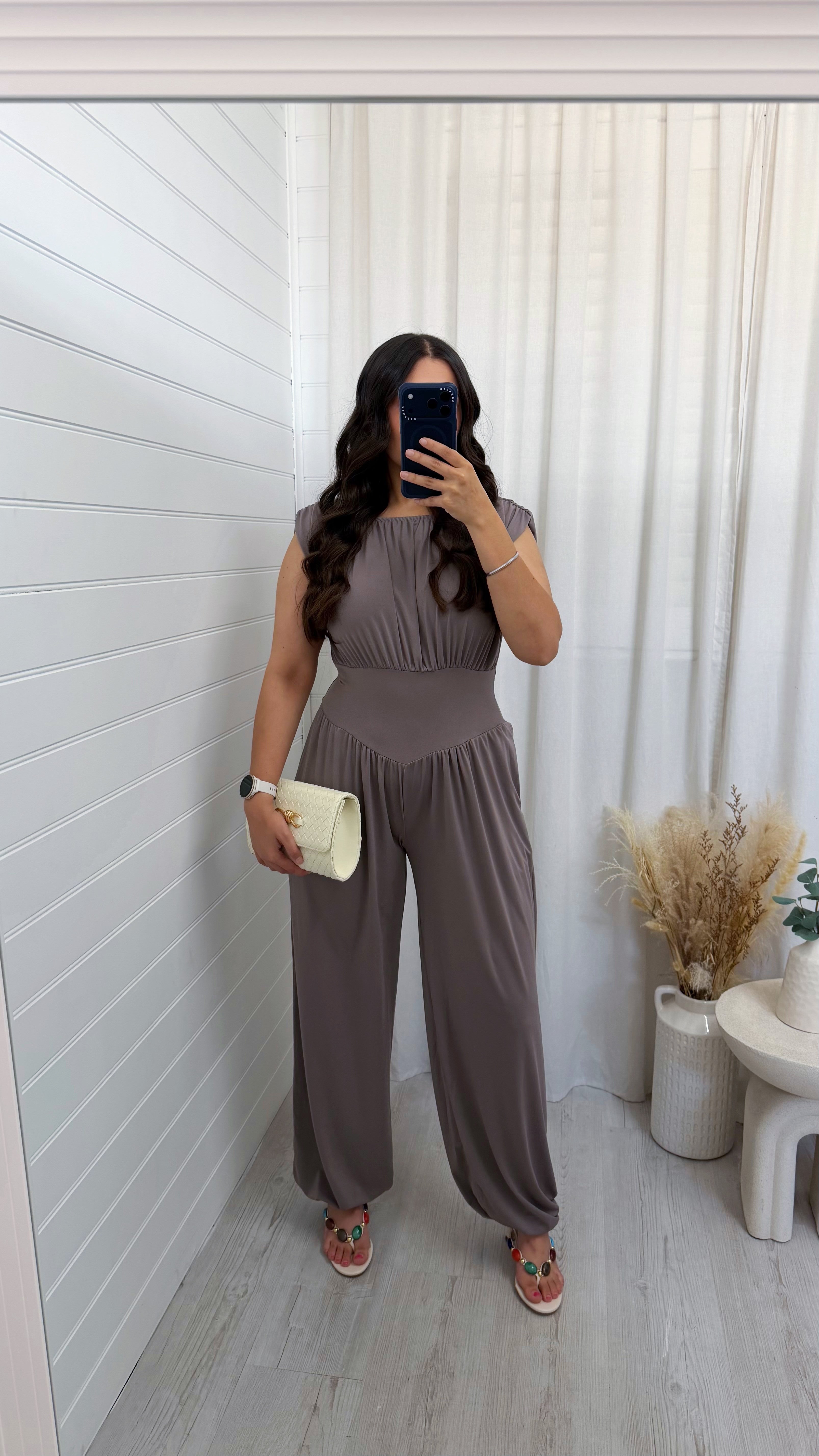 Cinch Waist Ruched Jumpsuit - MOCHA