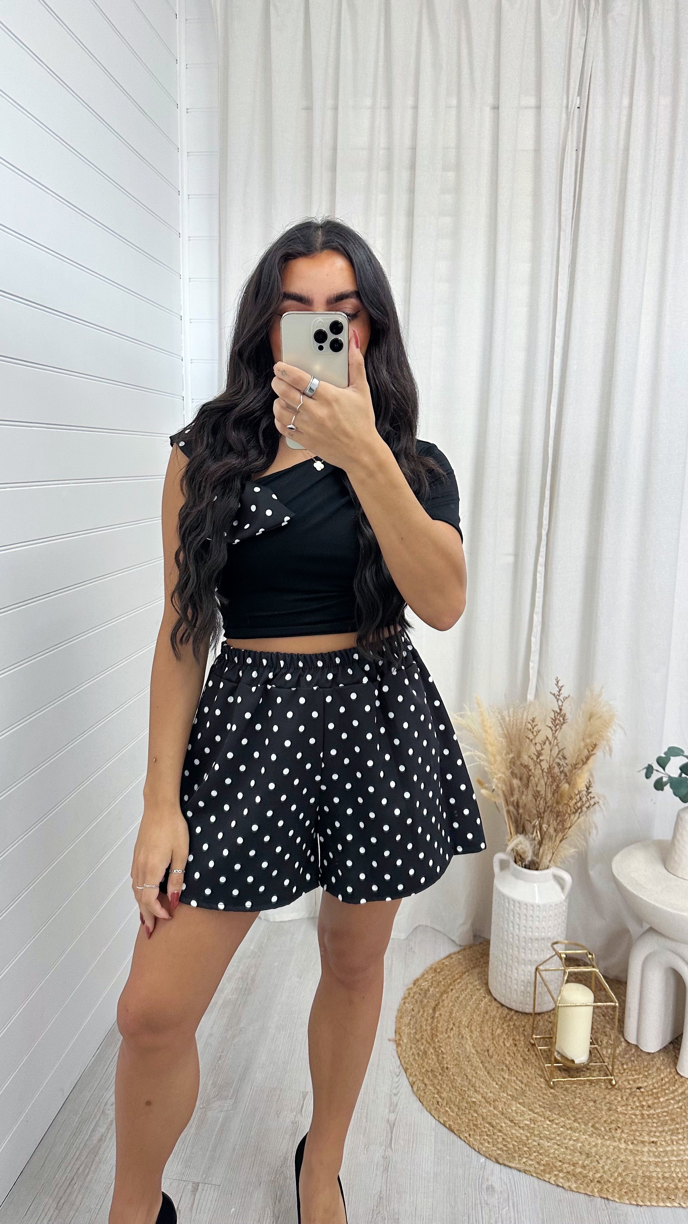 Bow Shoulder Polka Dot Top and Shorts Co-Ord - BLACK
