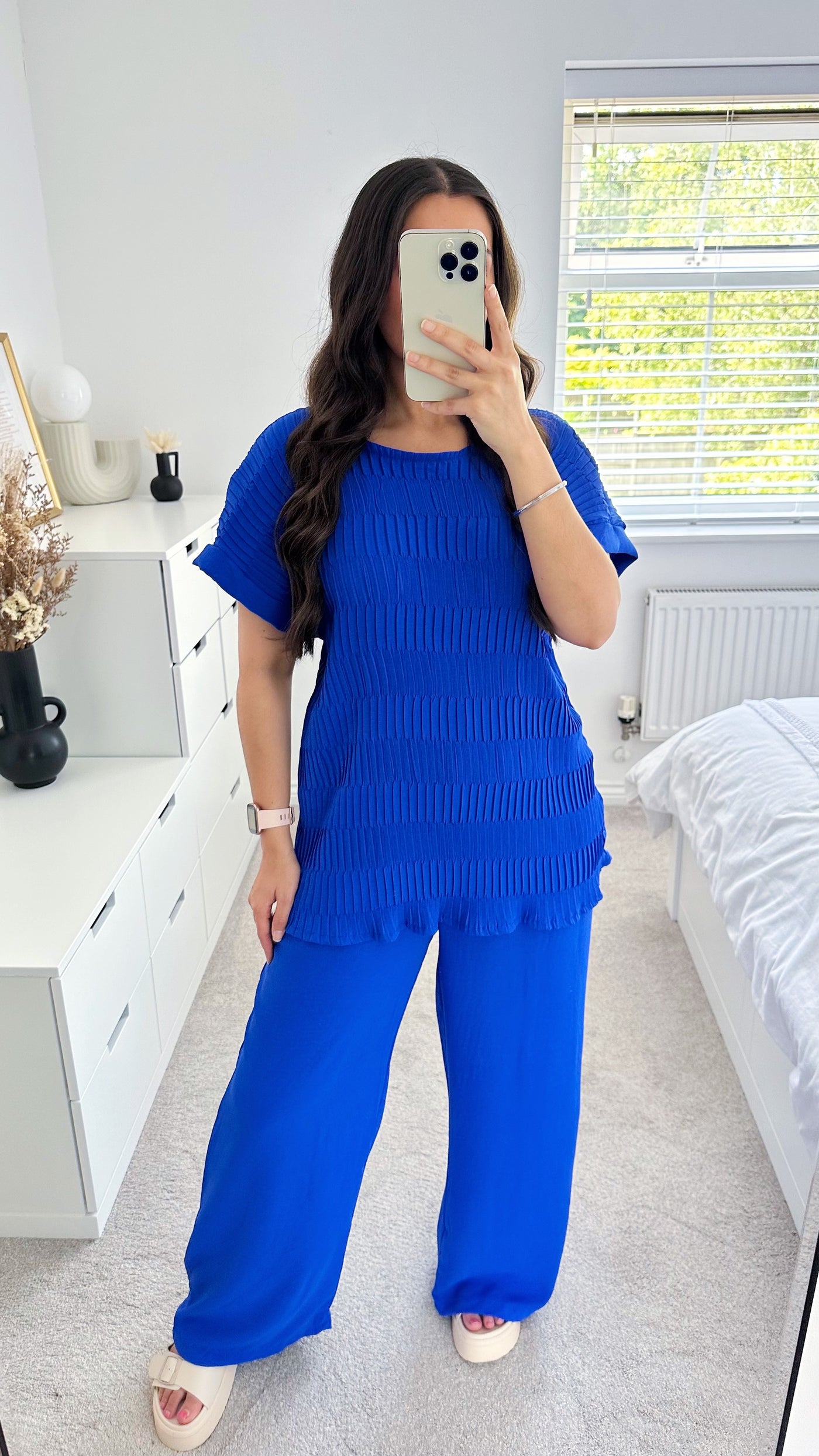 Crinkle Pleated Top and Wide Leg Trousers Co-Ord - ROYAL BLUE