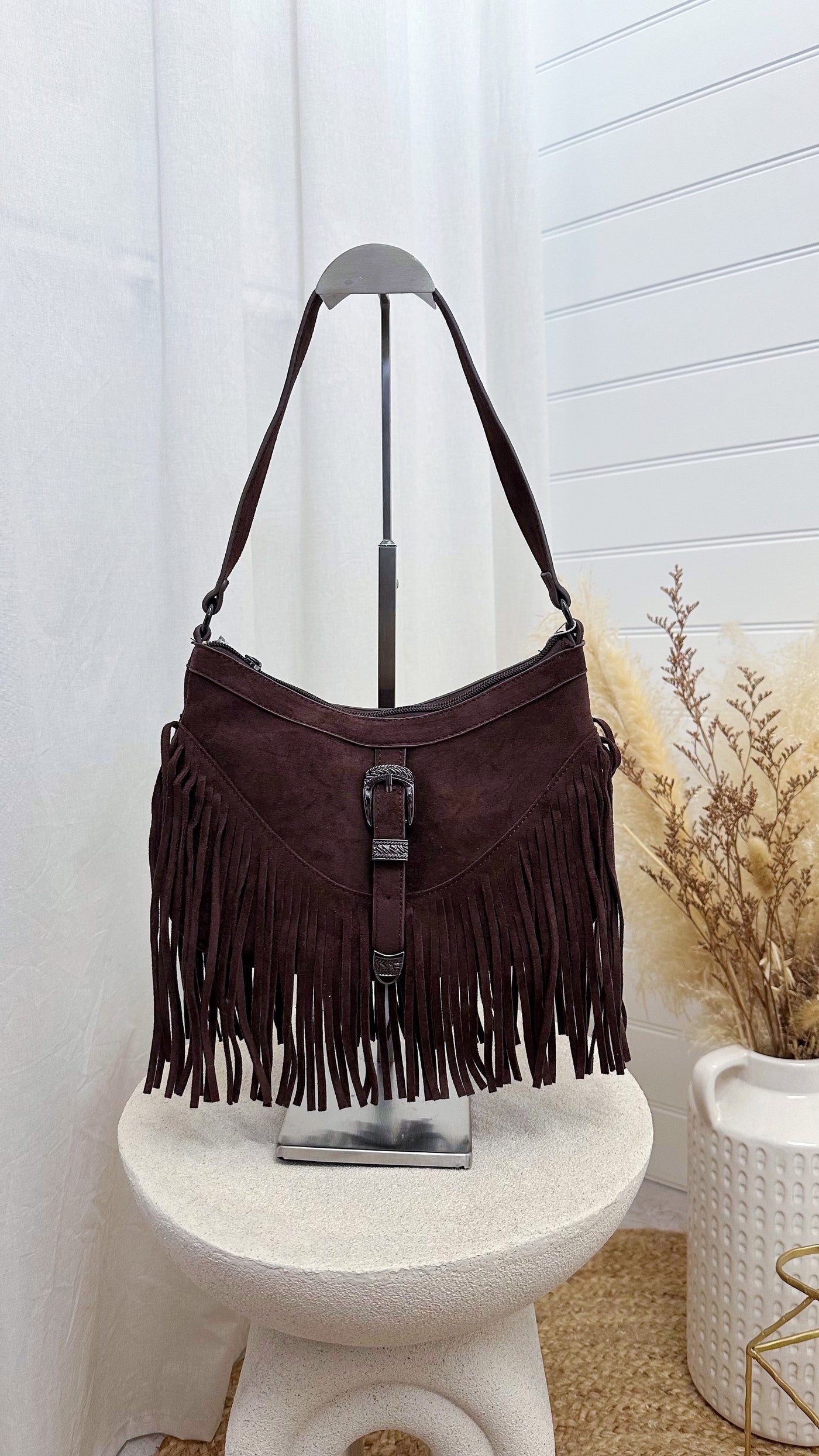 Suede Tassle Shoulder Bag - BROWN
