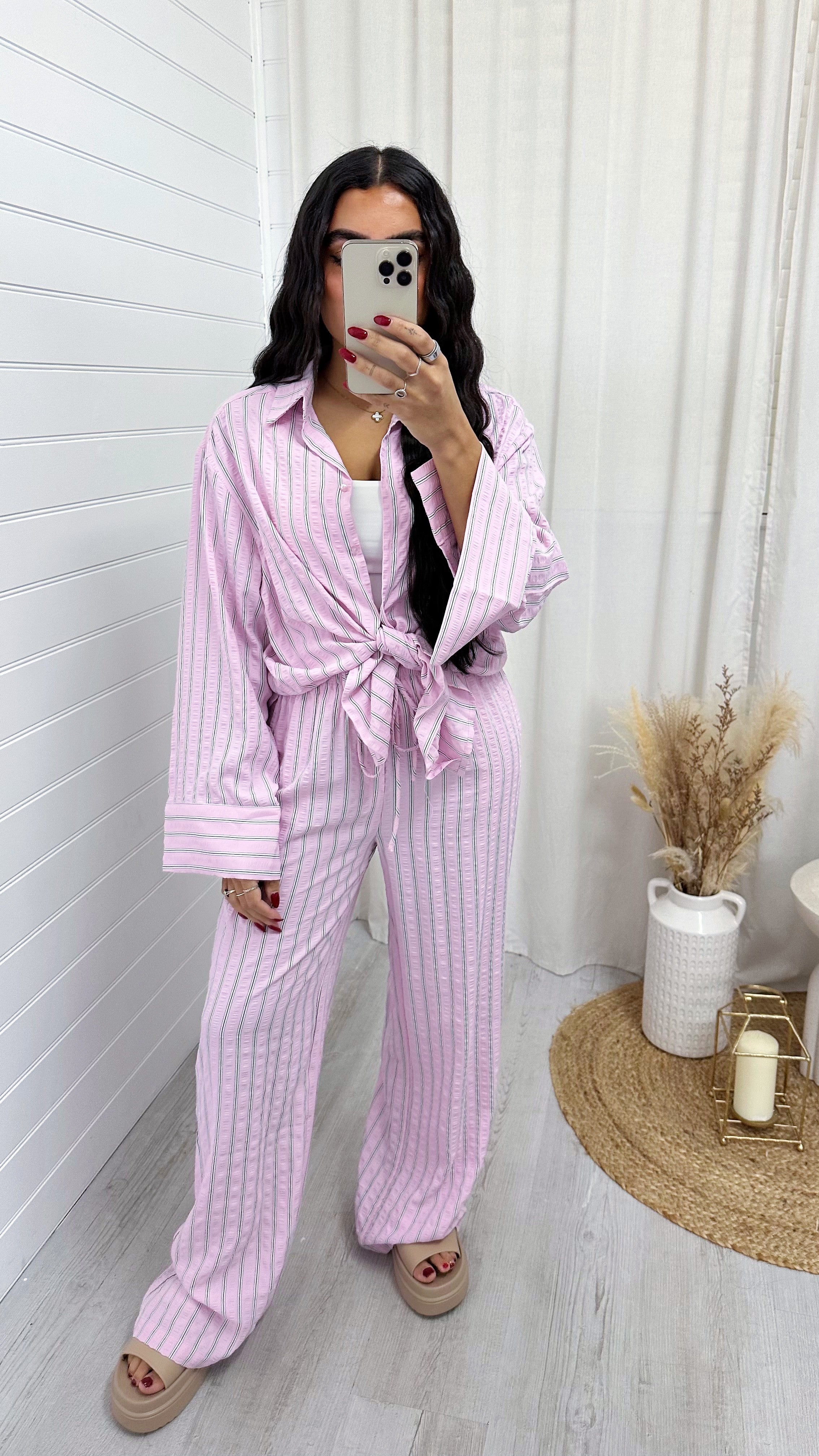 Striped Textured Shirt And Trouser Co-Ord - PINK