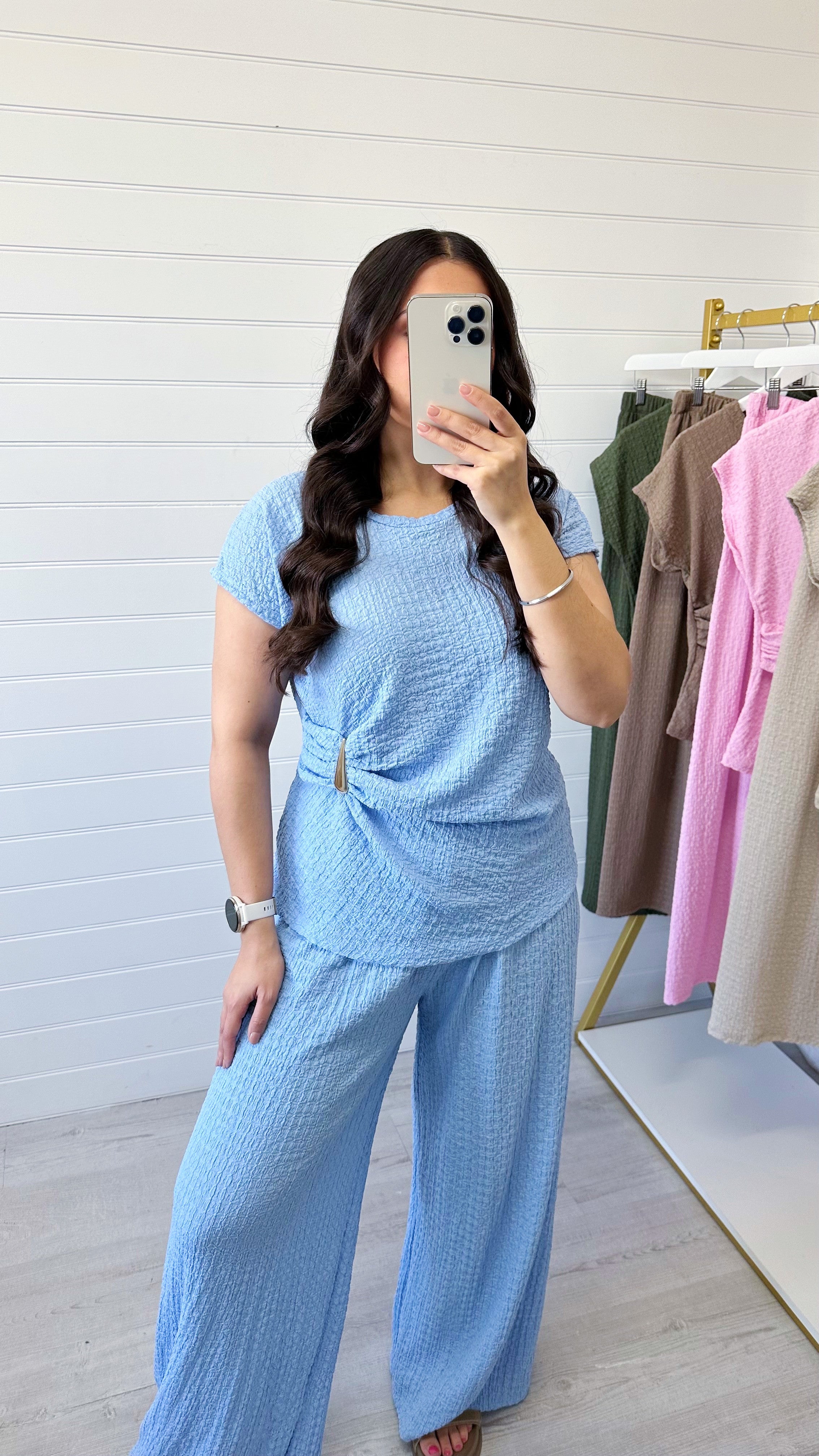 Gold Clasp Ruched Top and Wide Leg Trousers Co-Ord - BABY BLUE