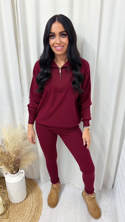 Soft Knit Half Zip Jumper and Leggings Co-Ord - WINE