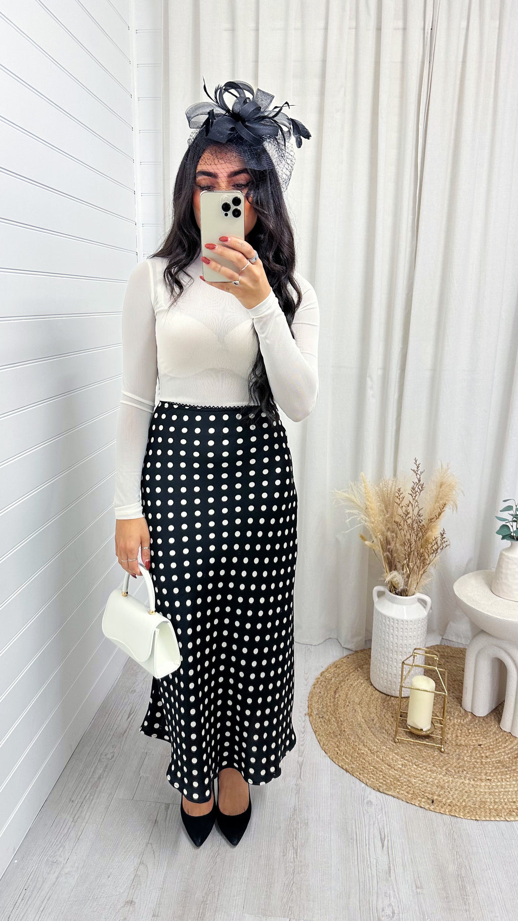 Polka Dot Satin Midi Skirt - BLACK