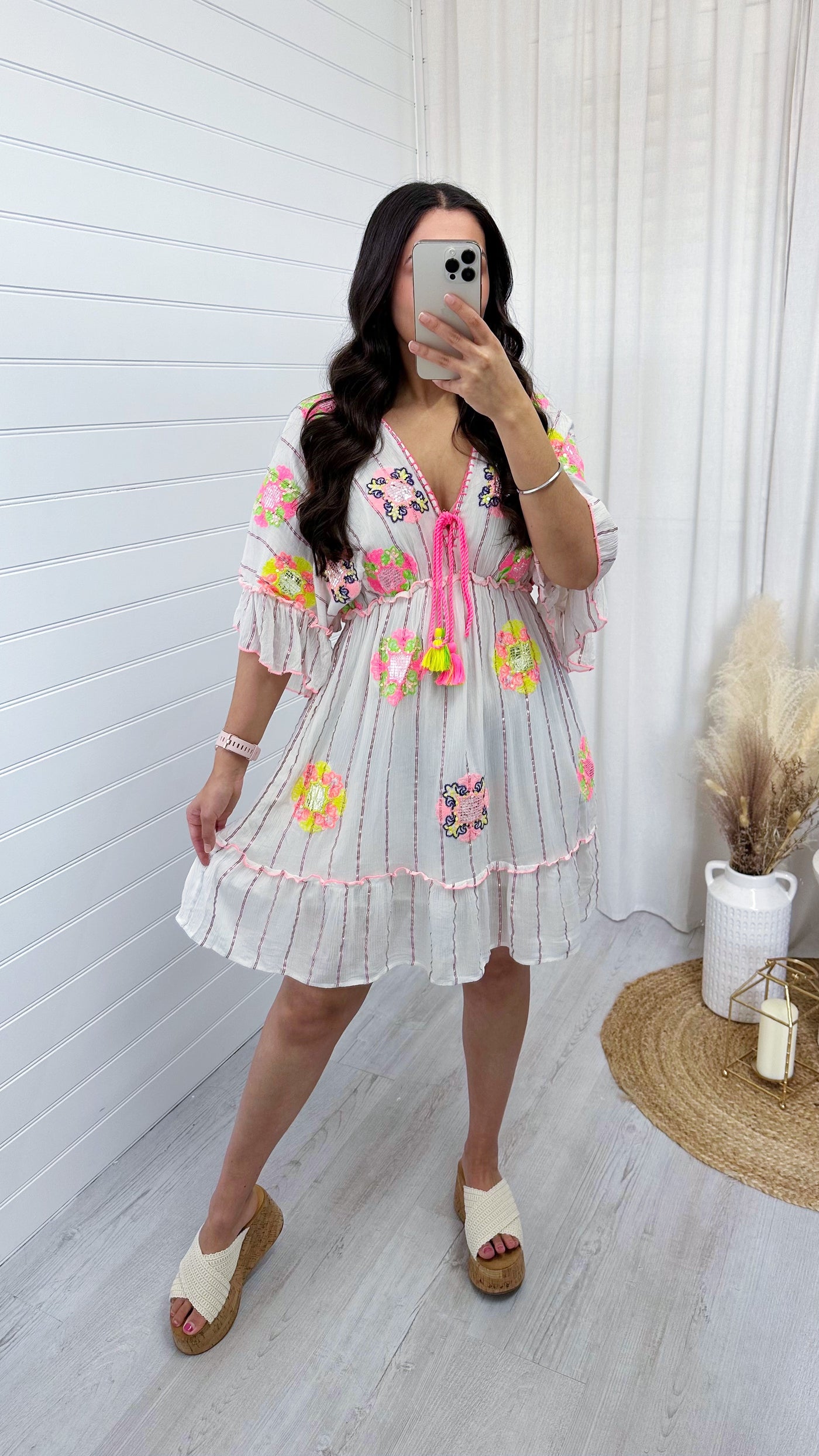 Sequin Embellished Summer Dress - WHITE/PINK