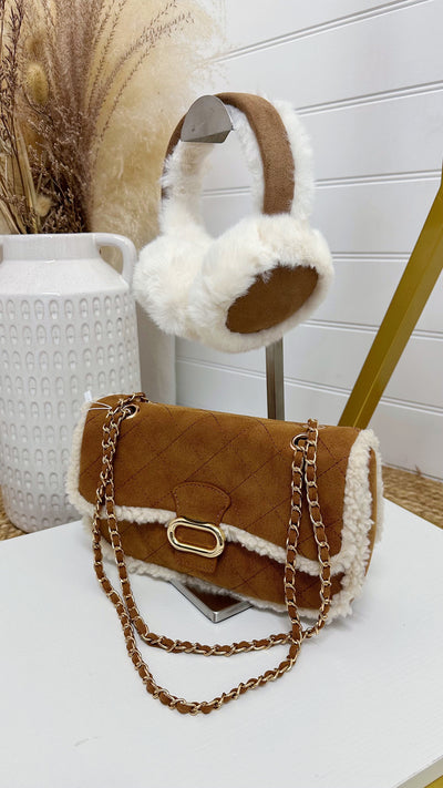 Teddy Fur Trim Cross Body Bag - TAN