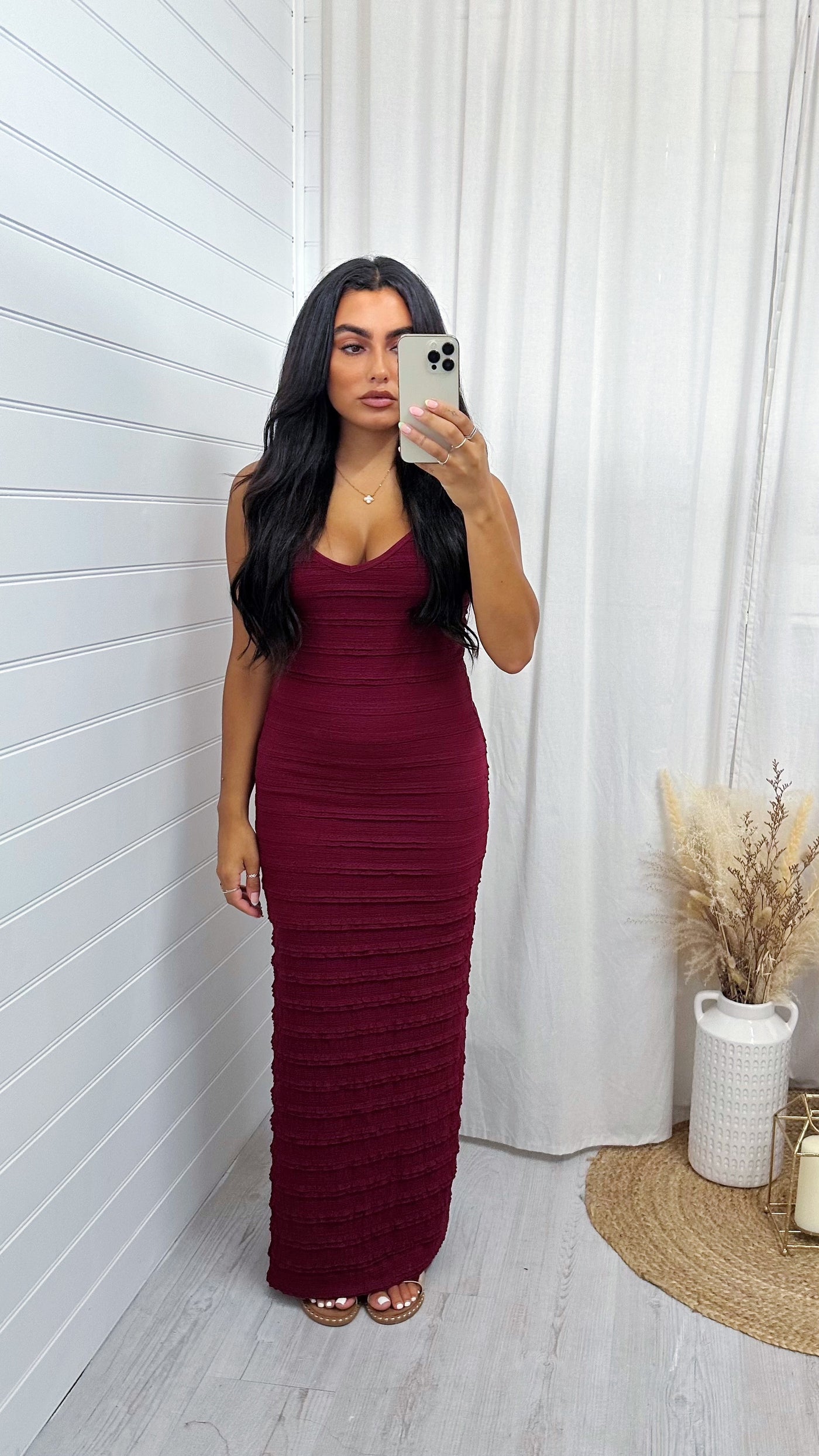 Textured Frill Strappy V Neck Maxi Dress - WINE