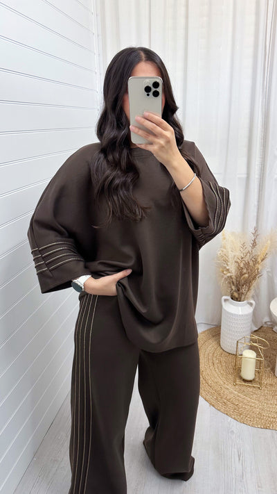 Gold Stripe Oversized Top and Wide Leg Trousers Co-Ord - BROWN