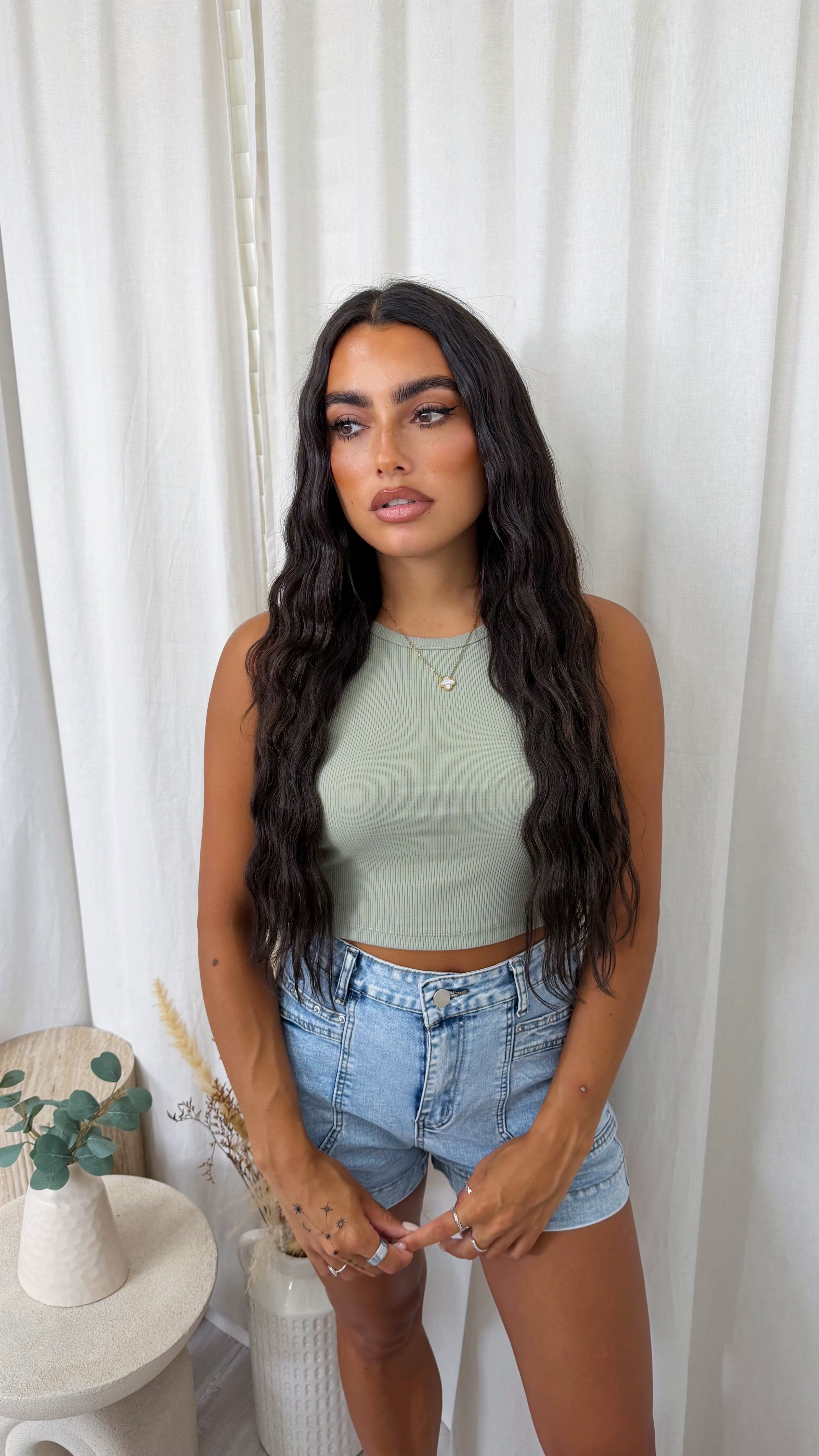 Ribbed Crop Vest Top - SAGE