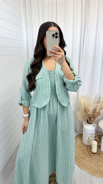 Pinstripe Linen Jacket and Dress Set - MINT