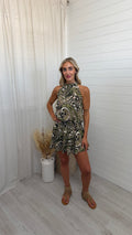 Paisley Print Halter Neck Frill Dress - GREEN