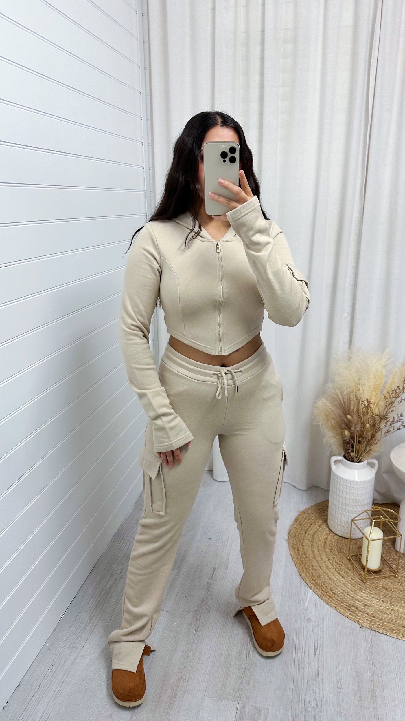 Cargo Cropped Jacket and Split Hem Joggers Tracksuit - LIGHT BEIGE