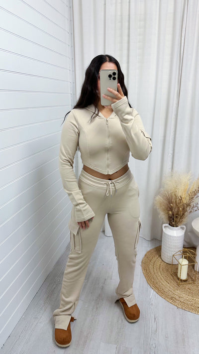 Cargo Cropped Jacket and Split Hem Joggers Tracksuit - LIGHT BEIGE