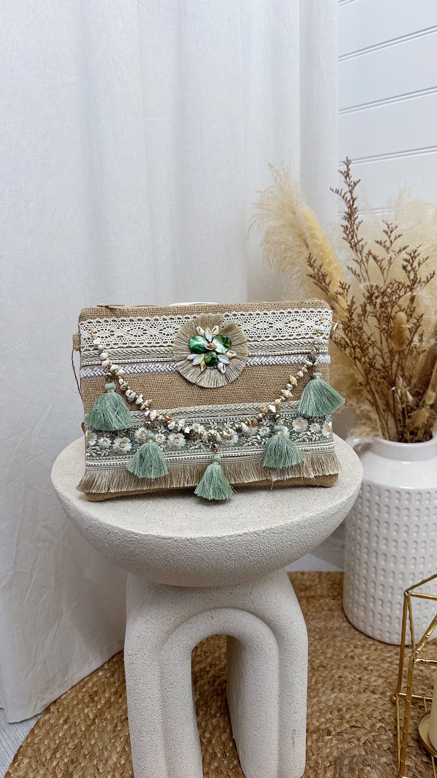 Sage Tassel Boho Clutch Bag