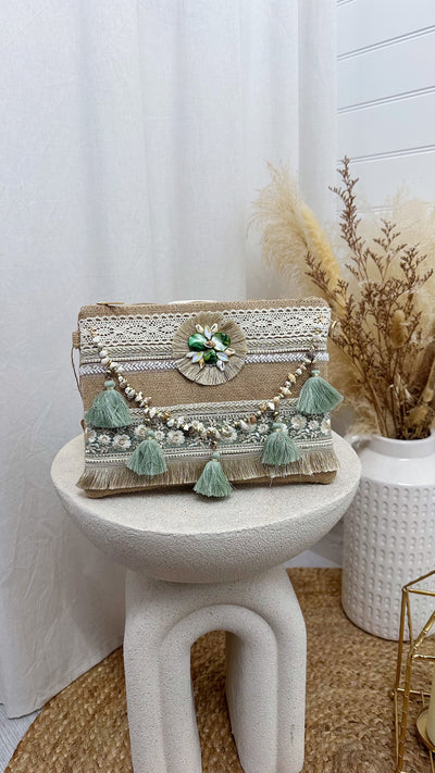 Sage Tassel Boho Clutch Bag